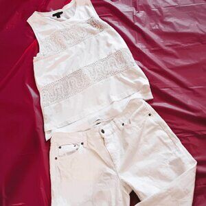 WHITE EMBROIDERED J. CREW TOP, S & WHITE EMBROIDERED RALPH LAUREN JEANS, 8